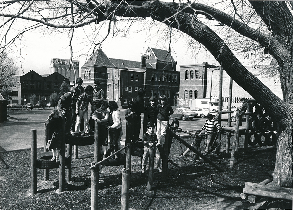 Cambridge Street primary school children at play, Collingwood, 1980s. <i>Photographer unknown.</i> Yarra Libraries, CL PIC 190.