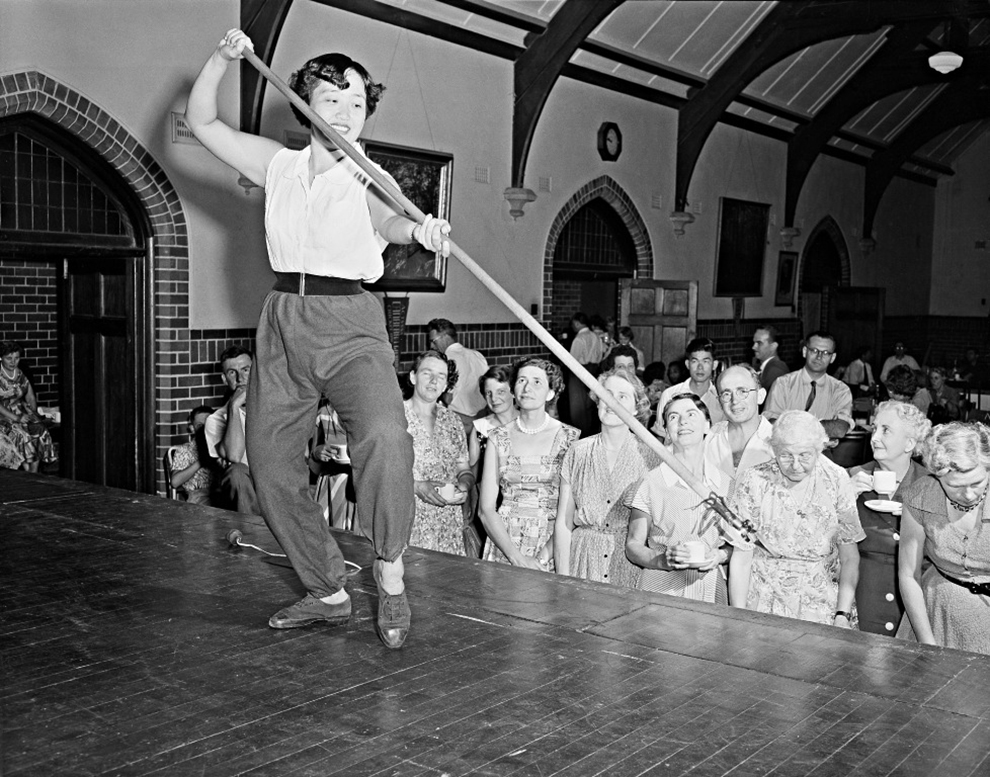Miss Hanie Lie An Lie from Indonesia, demonstrates the Hwa Djang art of self-defence, New Education Fellowship Summer School, Canberra, 1956. National Archives of Australia, A1501, A256/2