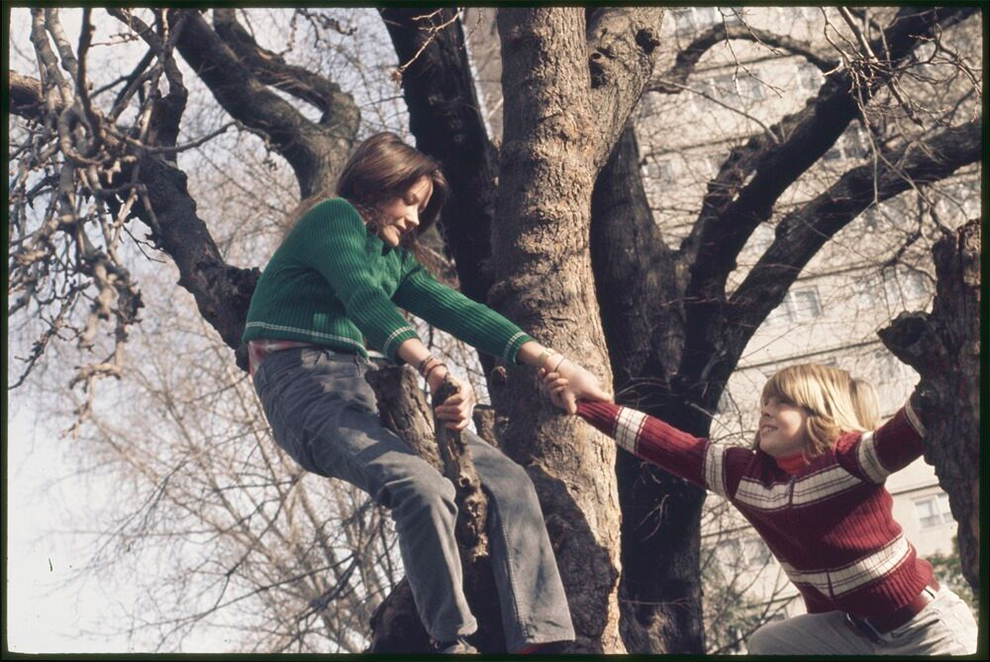 Two children climbing a tree, Collingwood, Victoria, 1970s. Photographer Rennie Ellis. State Library Victoria, H2012.140/1754