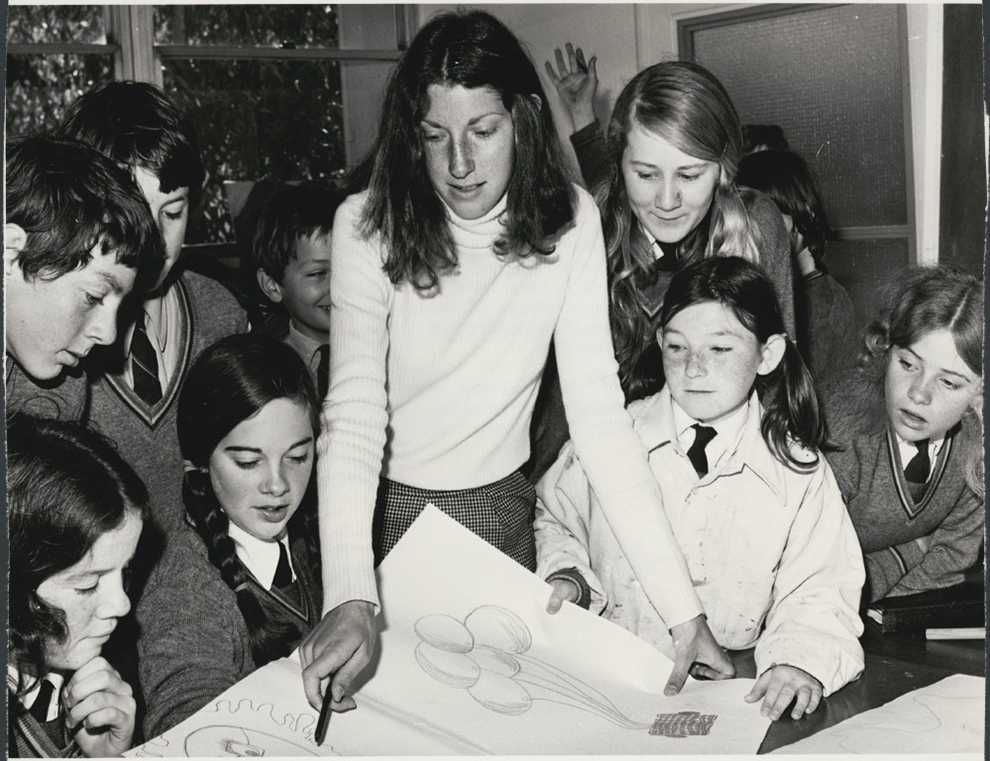 Emily Epstein with some of her young art students at the Hamilton High School in Victoria, Australia, 12 October 1972. Photographer Don Edwards. National Library of Australia, vn4589275